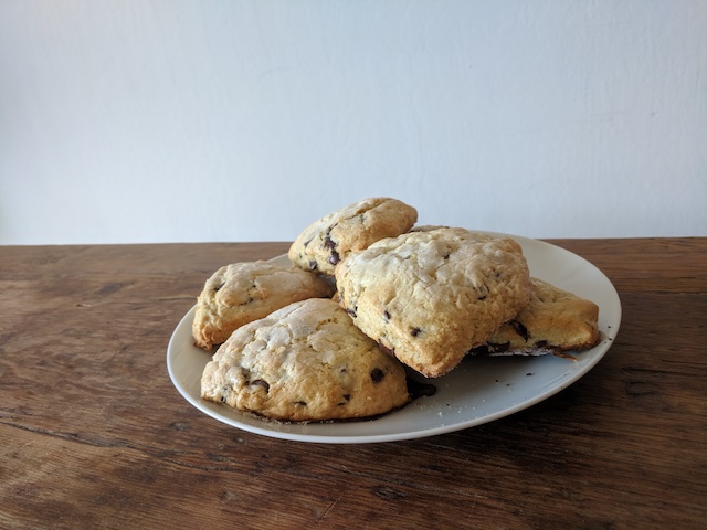 A plate full of chocolate chip scones
